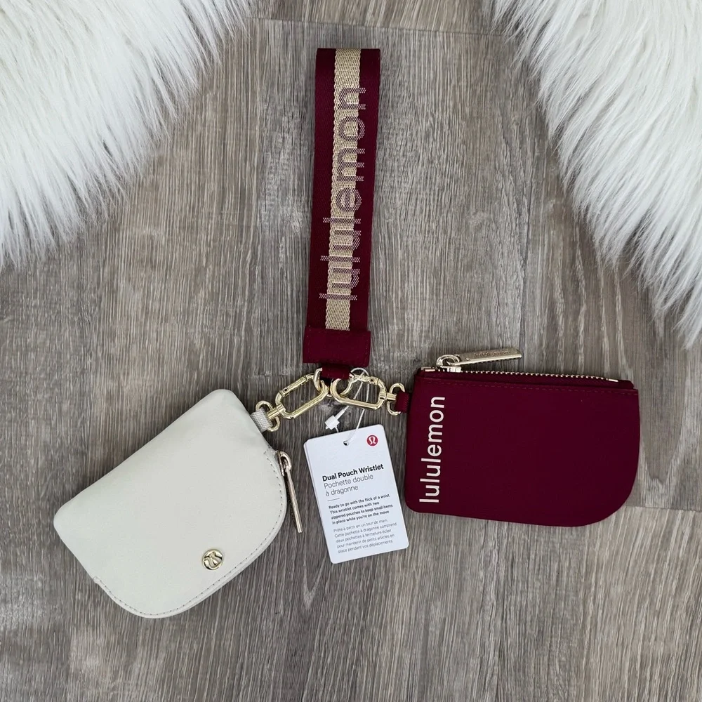 ❤️⭐️LULULEMON Dual Pouch Wristlet Wordmark Deep Luxe/Gold/Bone